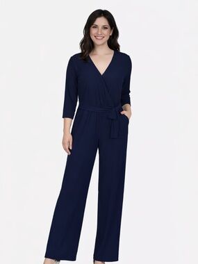 Ny Collection Petite Short 3/4 Sleeve Belted Wide Leg Jumpsuit/Navy Size PL NWT